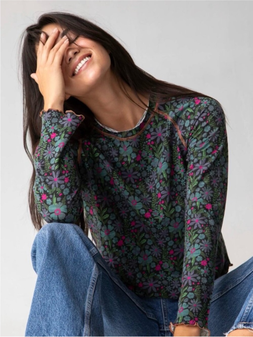 NATURAL LIFE Lily Forest Flower Floral Long-Sleeve Crewneck Top Large L NWOT